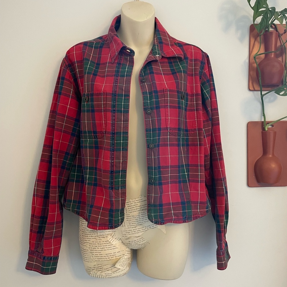 Liz Claiborne Cropped Plaid Button Down Hidden Buttons 12 Large Vintage
